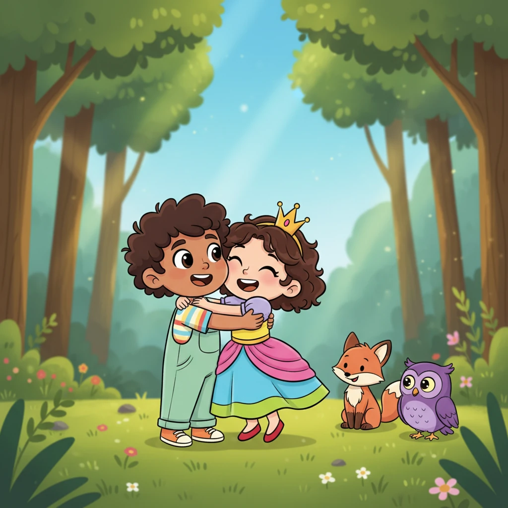 Natan rushed into the clearing and swept Inka into a giant, comforting hug. Inka giggled with joy, feeling safe in her brother's strong arms. Natan turned to Ola and Stefan, thanking his new animal friends for their wonderful help.