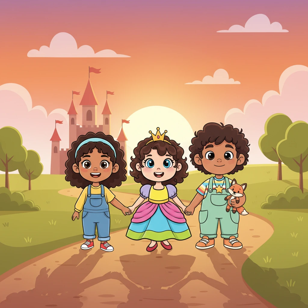 Hand-in-hand, the brave siblings walked home towards their castle, bathed in the soft glow of the setting sun. The sky was a magnificent canvas of orange and pink, peaceful and calm, promising a cozy evening.