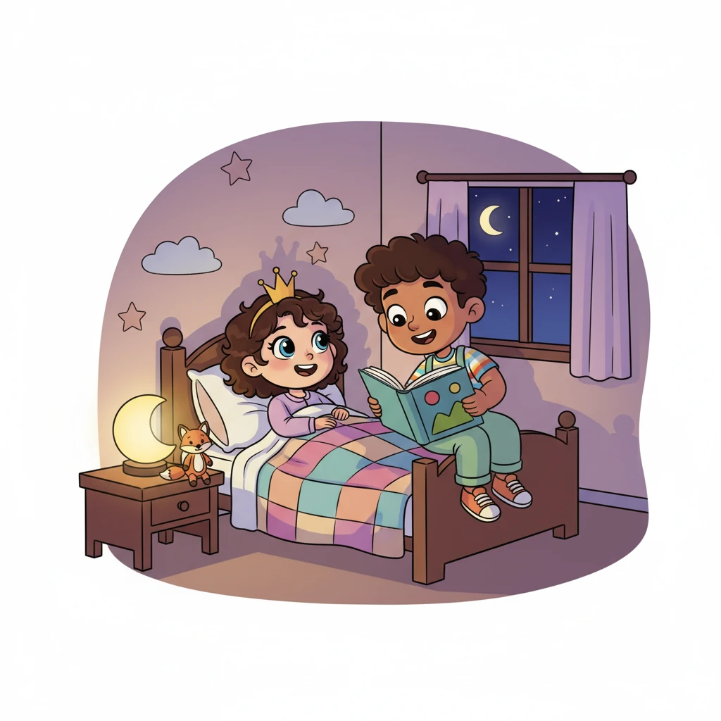 Later that evening, nestled warmly in her bed, Inka listened as Natan read her a comforting bedtime story. With her brave brother by her side, Inka felt perfectly safe, loved, and incredibly happy, ready for sweet dreams.