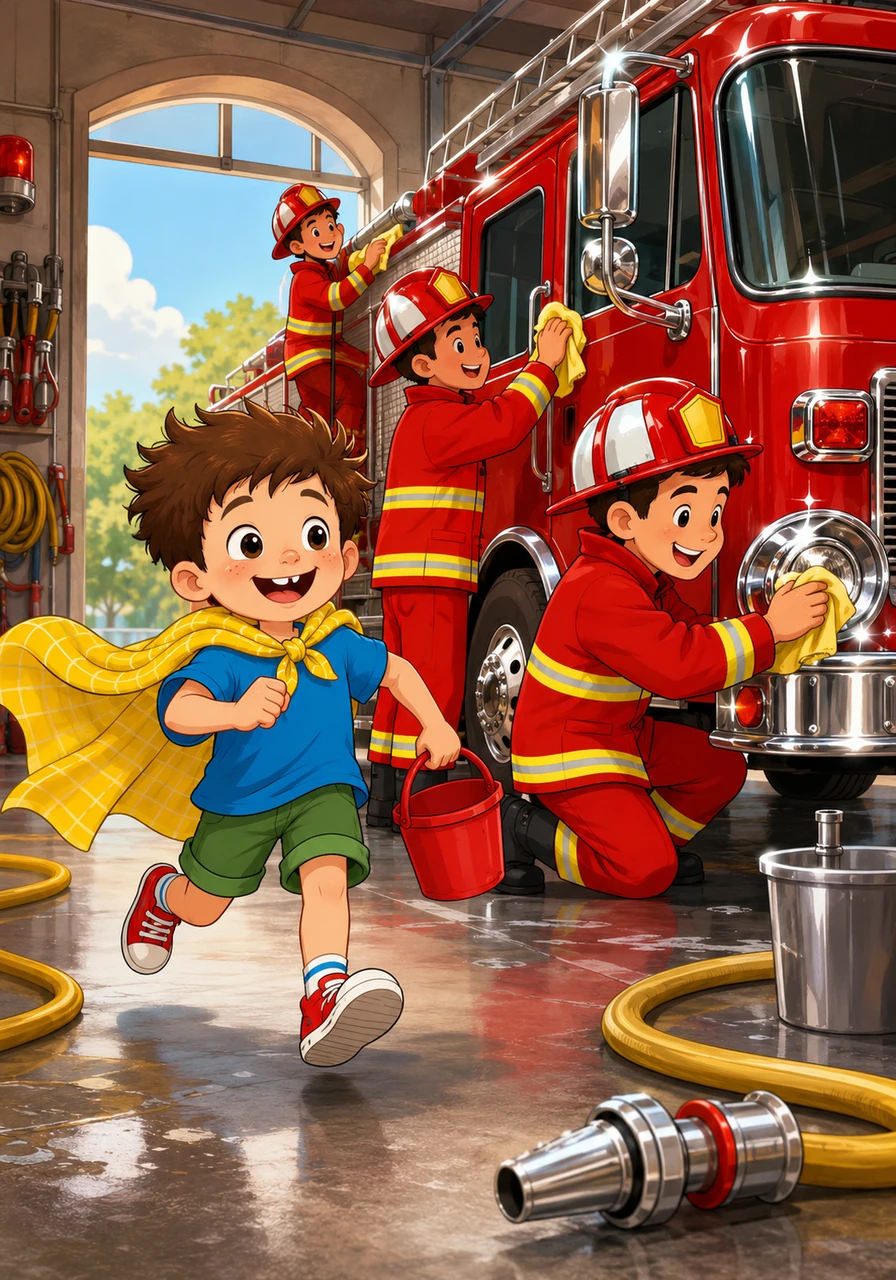 Leo skipped toward the Coreville Fire Station, clutching his trusty red bucket and wearing a cape made from a bright yellow dish towel. Inside, the station was a whirlwind of shiny chrome, long hoses, and firefighters polishing the big red truck until it sparkled like a ruby.