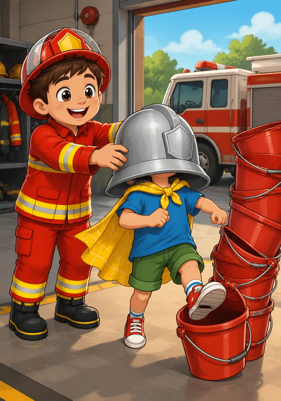 Chief Barnaby handed Leo a giant silver helmet that immediately slipped down, covering the boy's entire face and resting on his shoulders. Leo’s muffled voice echoed from inside the metal dome, "I'm ready for hero duty, Chief!" while he accidentally marched straight into a stack of empty buckets.