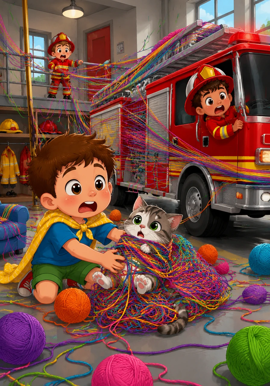 The first "emergency" of the day arrived when a kitten named Sprinkles got tangled in a mountain of rainbow yarn in the breakroom. As Leo tried to help, the yarn caught on the back of a moving fire truck, and the entire station began to look like it was being wrapped in a giant, colorful sweater.