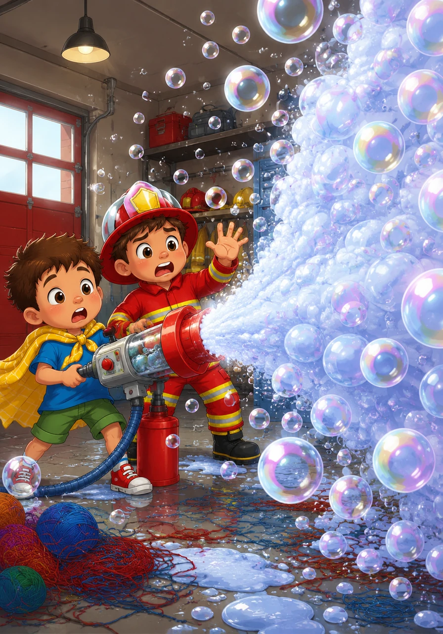 To clean up the yarn mess, Leo helped Firefighter Flo with the "Super-Suds 3000" hose, but he accidentally toggled the "Extreme Bubble" switch. Instead of a gentle stream of water, a literal wall of shimmering, bouncy bubbles erupted from the nozzle, filling the garage in seconds.
