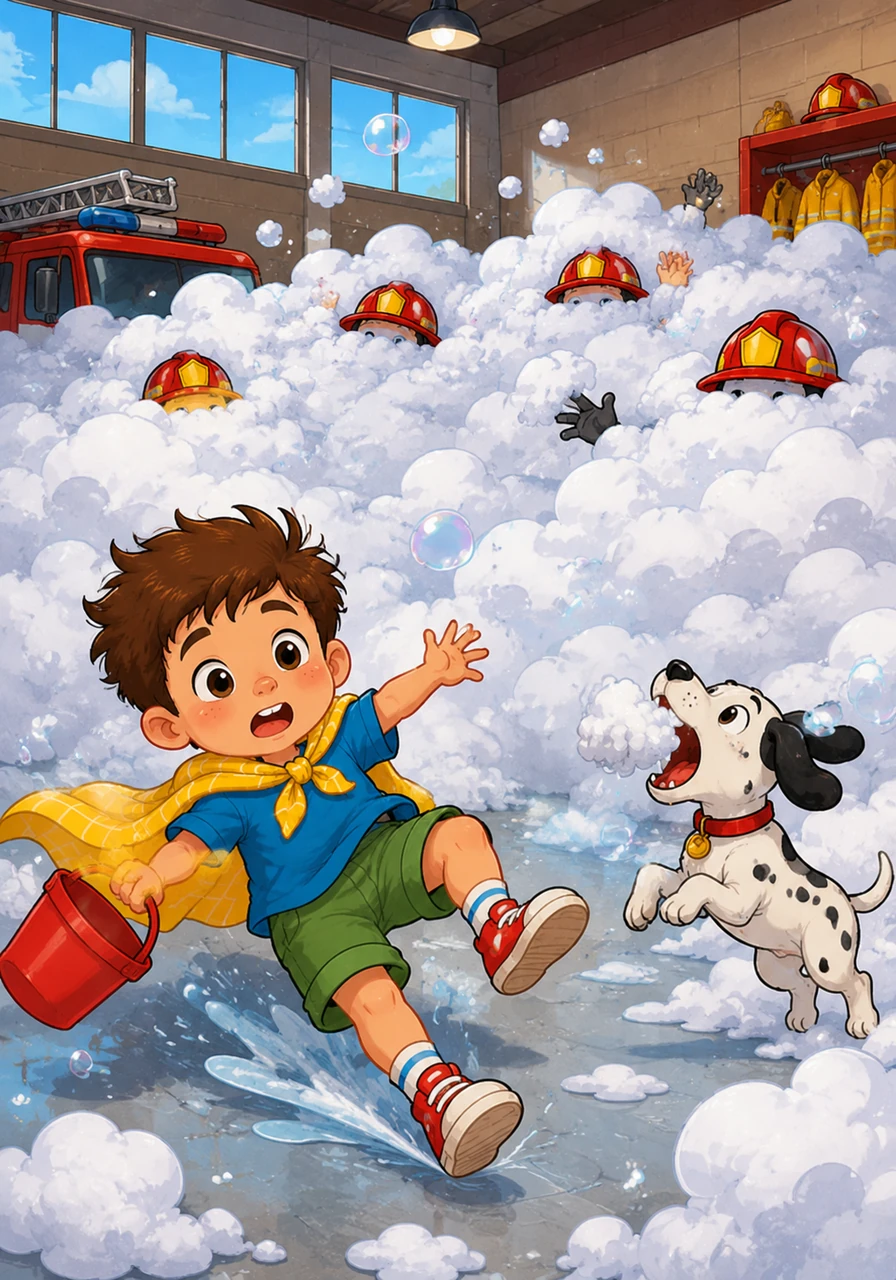 Chaos ensued as the bubbles grew so high that only the firefighters' helmets were visible, bobbing along the surface like little yellow boats. Every time someone tried to take a step, they let out a surprised "Whoop!" and slid across the floor, while the station dog, Sparky, tried to catch the floating foam in his mouth.