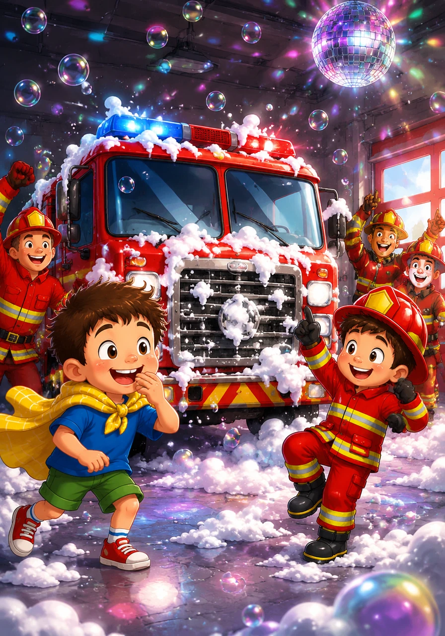 Amidst the foam, the fire truck’s horn developed a silly glitch; every time a bubble popped on the front grill, it let out a loud, cheerful "HONK-A-DOODLE!" Leo couldn't stop giggling as the station turned into a rhythmic, honking bubble disco with firefighters dancing to the beat.