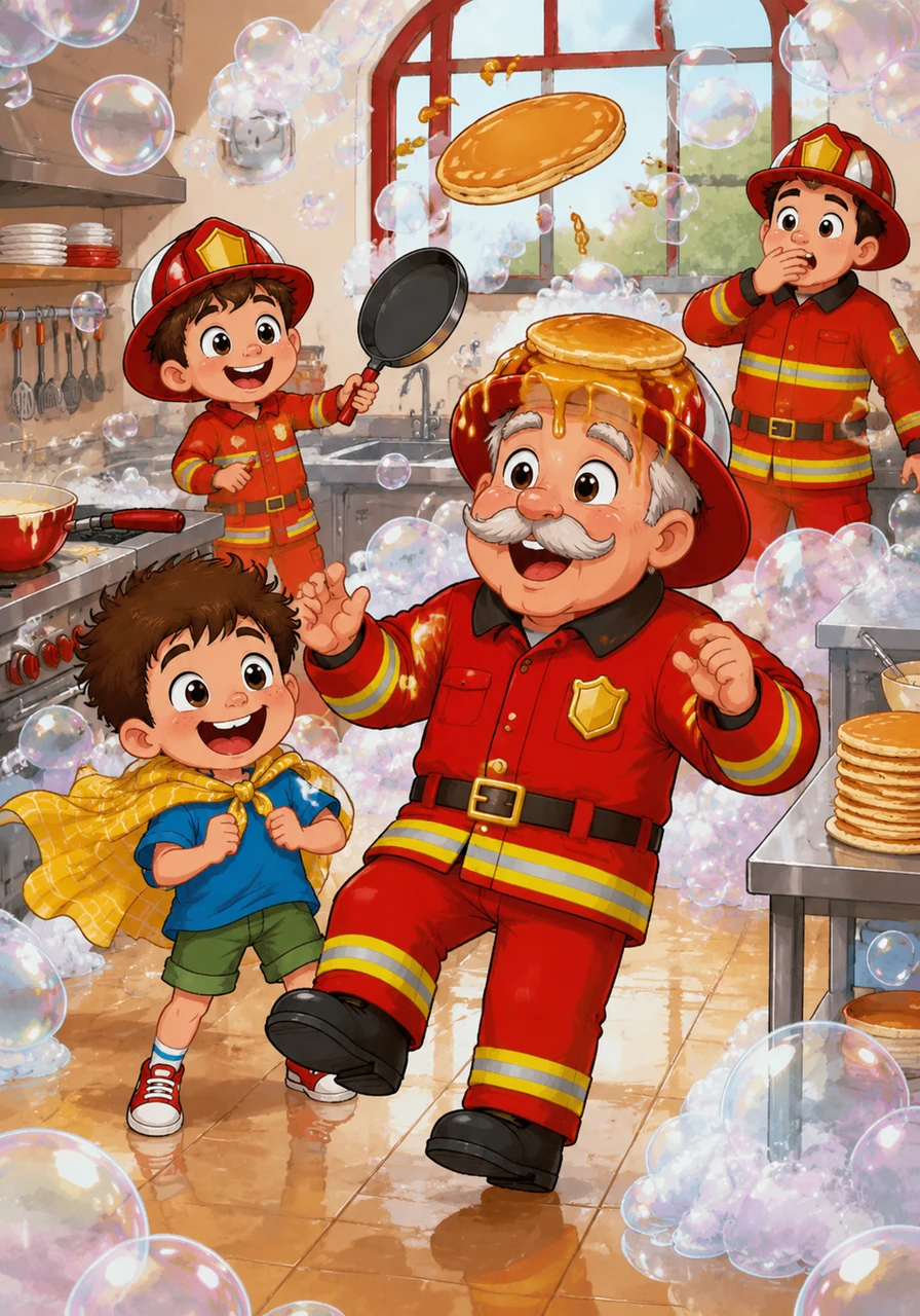 It was time for the annual pancake breakfast, but the bubbles had invaded the kitchen, making the floor as slippery as a skating rink. The chef flipped a pancake so high it vanished into the bubble clouds, only to land perfectly on Chief Barnaby’s head like a delicious, golden crown dripping with syrup.