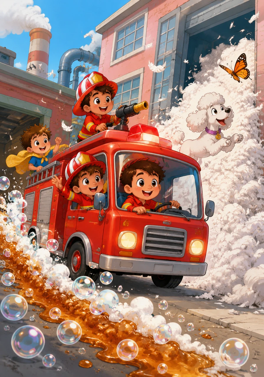 Suddenly, a new "emergency" was announced: the Mayor’s prize-winning poodle was chasing a butterfly into a giant pile of feathers at the pillow factory next door. The firefighters piled into the truck, trailing a long, fluffy stream of bubbles and syrup behind them like a chaotic parade float.