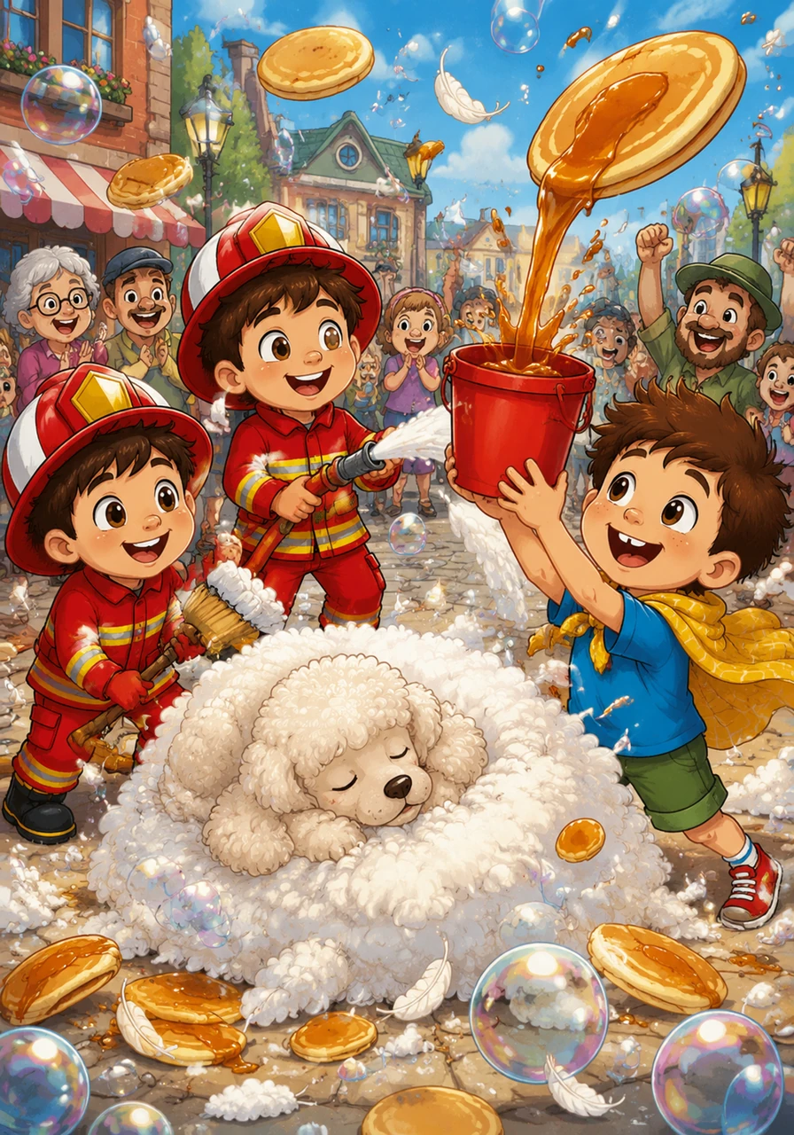 The town square became a hilarious spectacle of feathers, bubbles, and flying pancakes as the team "rescued" the poodle, who was actually just taking a nap in the fluff. Leo used his red bucket to catch falling syrup, making sure no pancake went un-sweetened while the whole town cheered for their bubbly heroes.