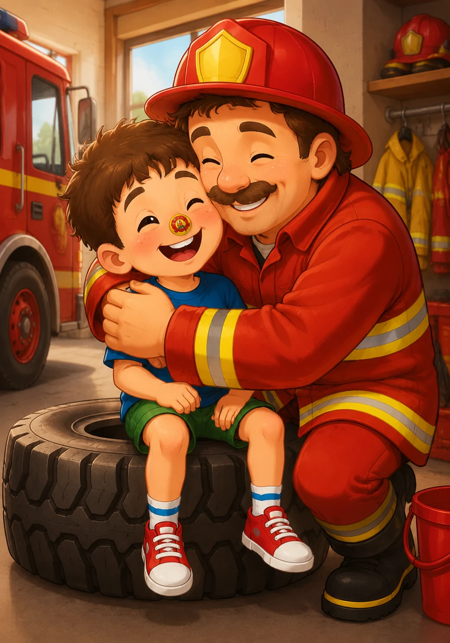 Back at the quiet station, a tired Leo sat on a giant fire tire, wearing a "Junior Fire Chief" sticker right on the tip of his nose. Chief Barnaby gave him a big squeeze and whispered, "Great job, Leo—we’ve never had a 'bubble-wrapped' Tuesday before, and I think the town smells much better now!"