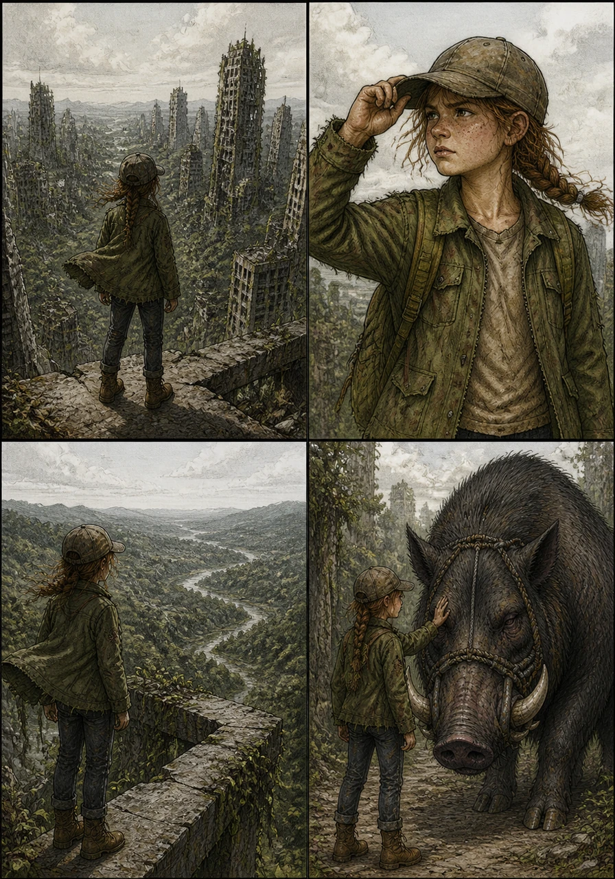 Wren stands at the edge of a crumbling city, her green jacket fluttering in the wind as nature slowly swallows the skyscrapers. She adjusts her worn baseball cap, scanning the horizon for a way to travel across the vast, untamed wilderness.