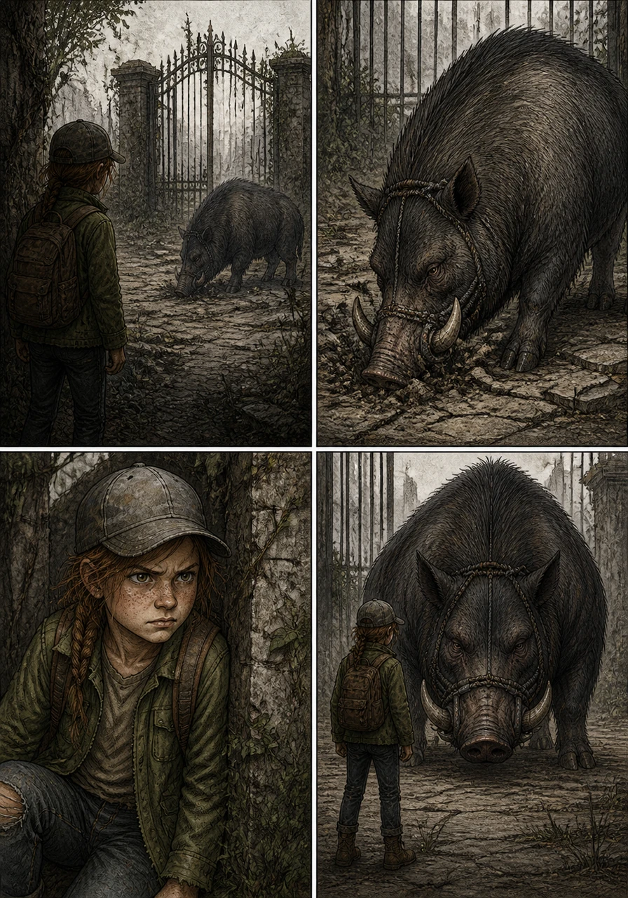 Near a rusted iron gate, a massive wild boar with scarred tusks roots through the overgrown pavement. Wren watches from the shadows, knowing that taming this powerful creature is her only chance to cross the Great Barrens.