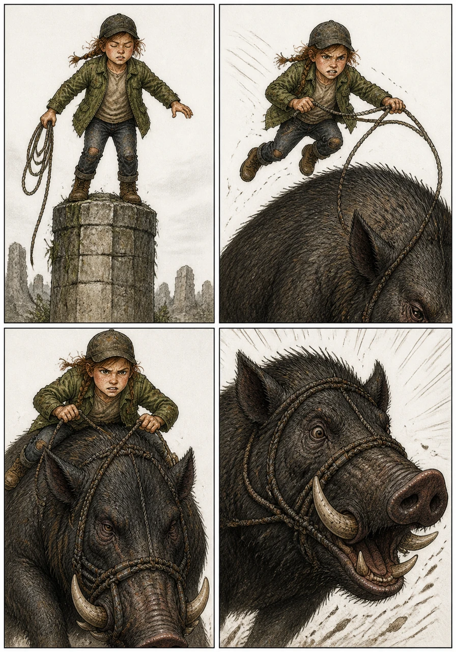 With a deep breath, Wren leaps from a stone pillar onto the boar’s back, clutching a rope bridle she fashioned from old cables. The beast lets out a startled grunt, its muscles tensing as it realizes it is no longer alone.
