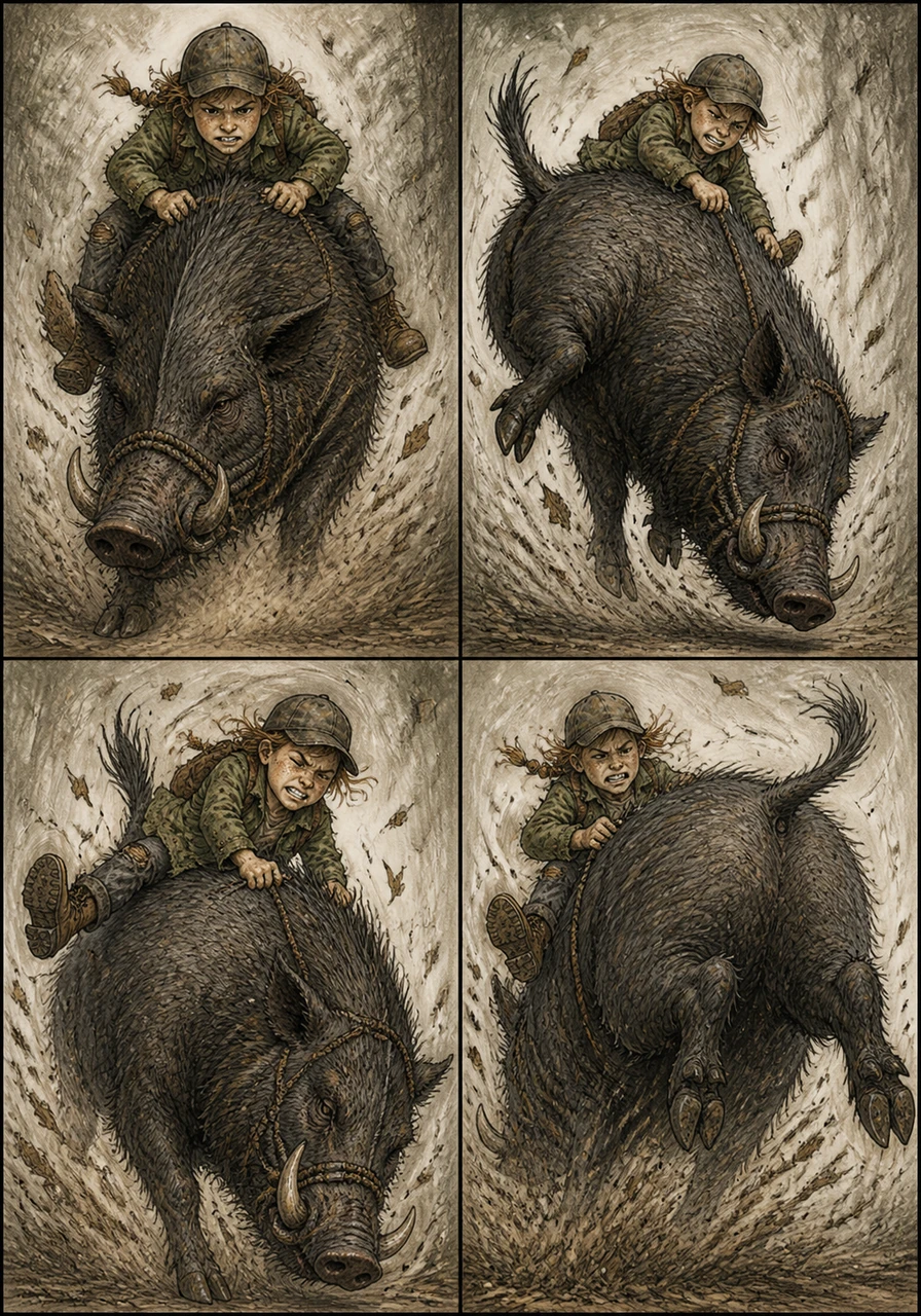 The world becomes a blur of motion as the boar begins violently bucking, trying to shake the small intruder from its spine. Wren grips the coarse fur tightly, her boots kicking up clouds of ancient dust and dry leaves.