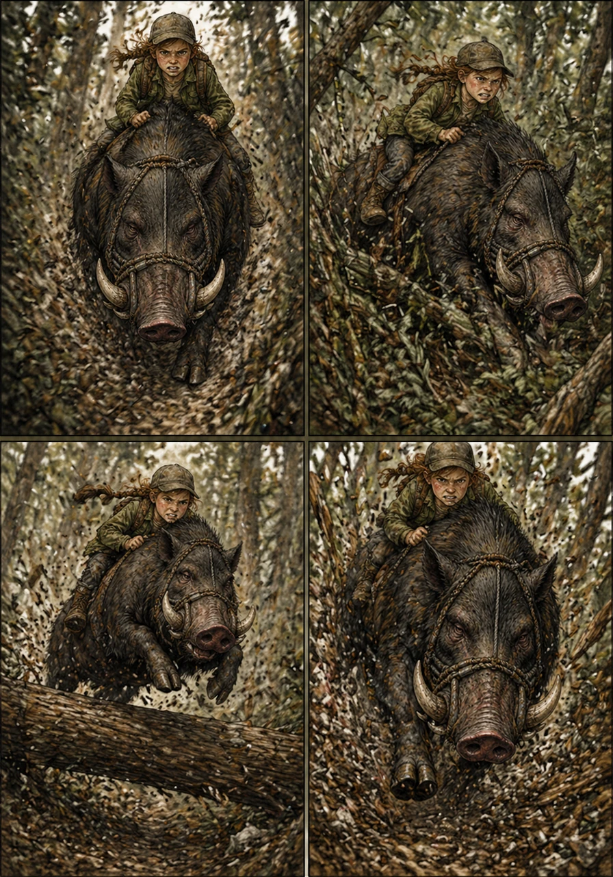 They burst into the deep forest, charging through thickets and over fallen logs with terrifying speed. Debris flies everywhere as the boar thunders forward, its powerful hooves shaking the very ground beneath them.