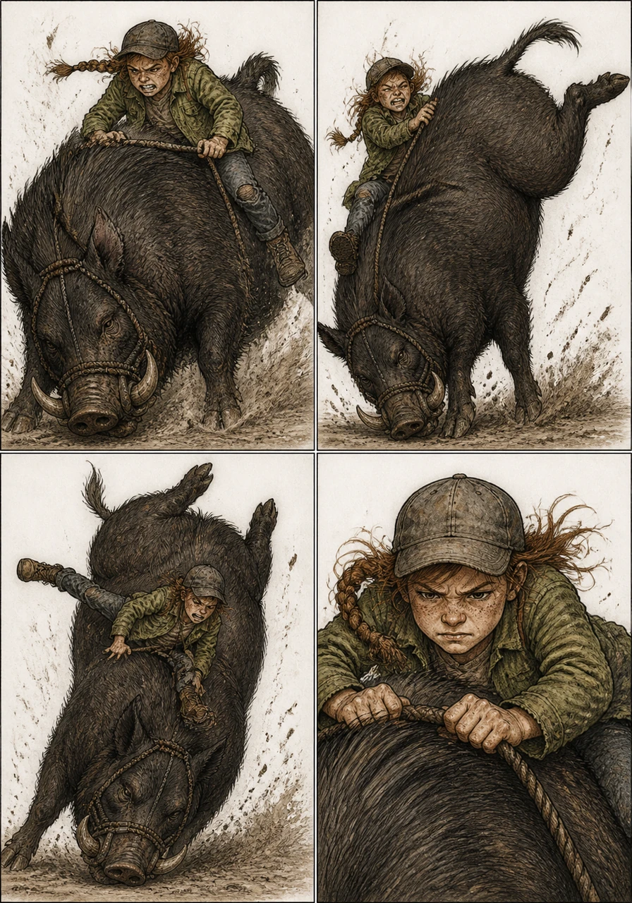 The boar suddenly rears back, kicking its hind legs high into the air while lowering its head in a desperate attempt to throw Wren off. She bounces dangerously but refuses to let go, her face set in a mask of pure determination.