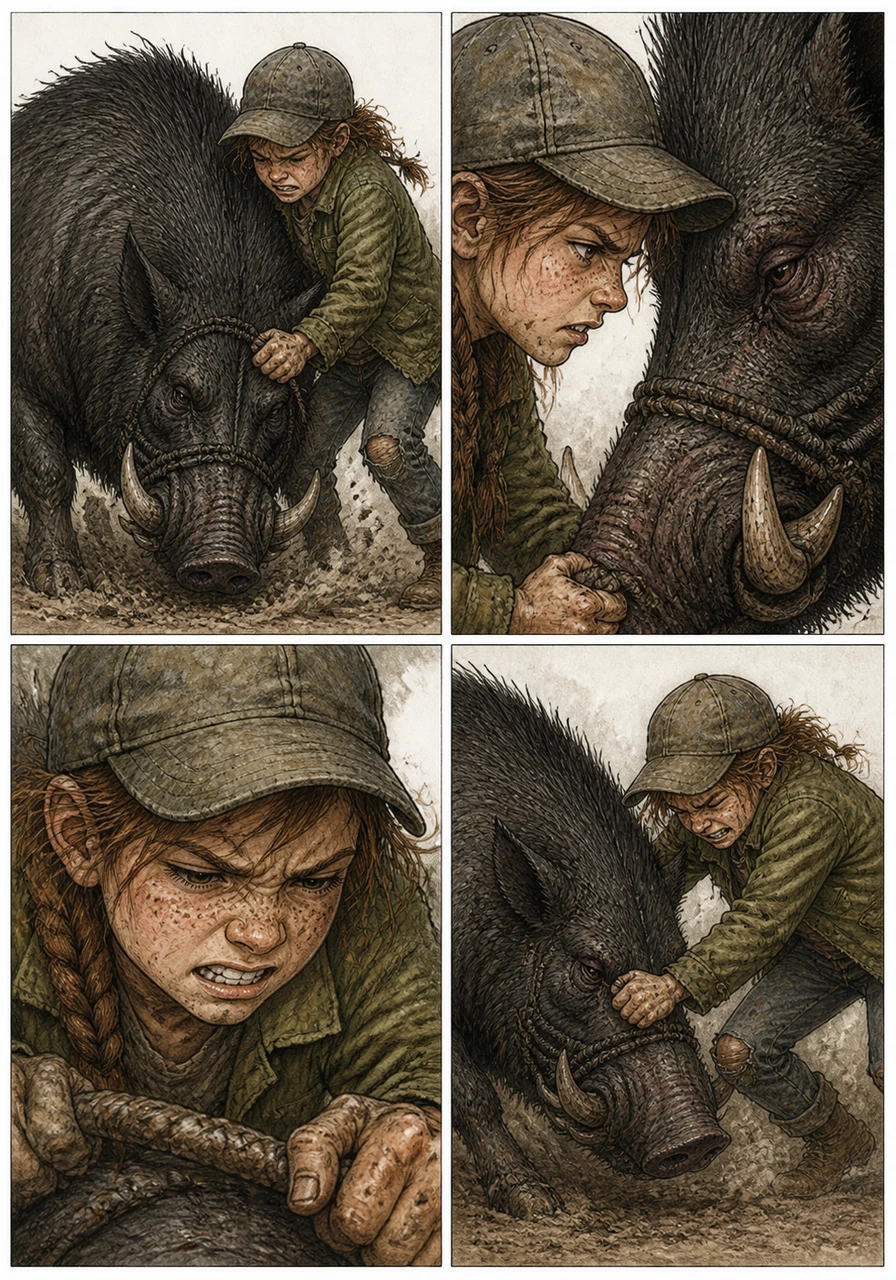 Amidst the chaos, Wren leans forward and speaks softly under her breath, her voice a steady anchor against the animal’s rage. She grits her teeth, her resolve hardening even as her muscles ache from the intense struggle.