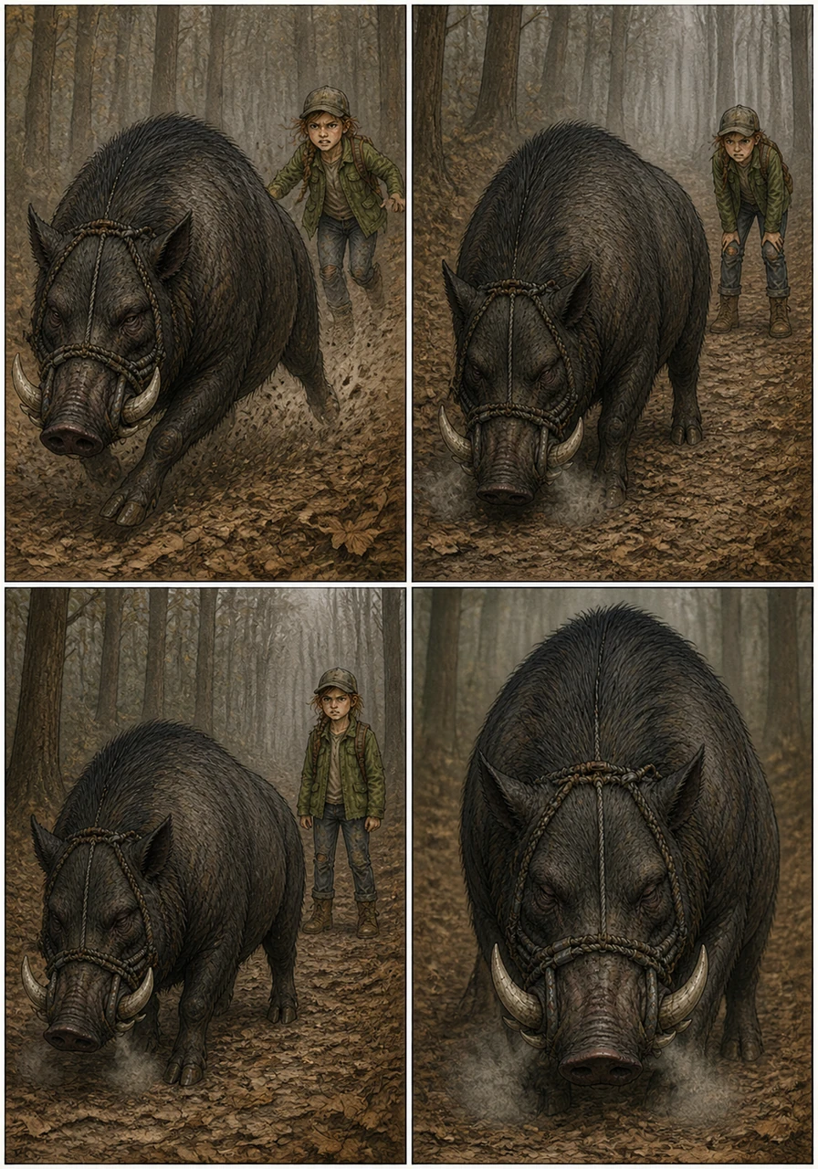 Gradually, the boar's frantic movements slow to a heavy trot, its sides heaving with deep, ragged breaths. The forest around them grows quiet, the only sound being the crunch of leaves under the beast's slowing pace.