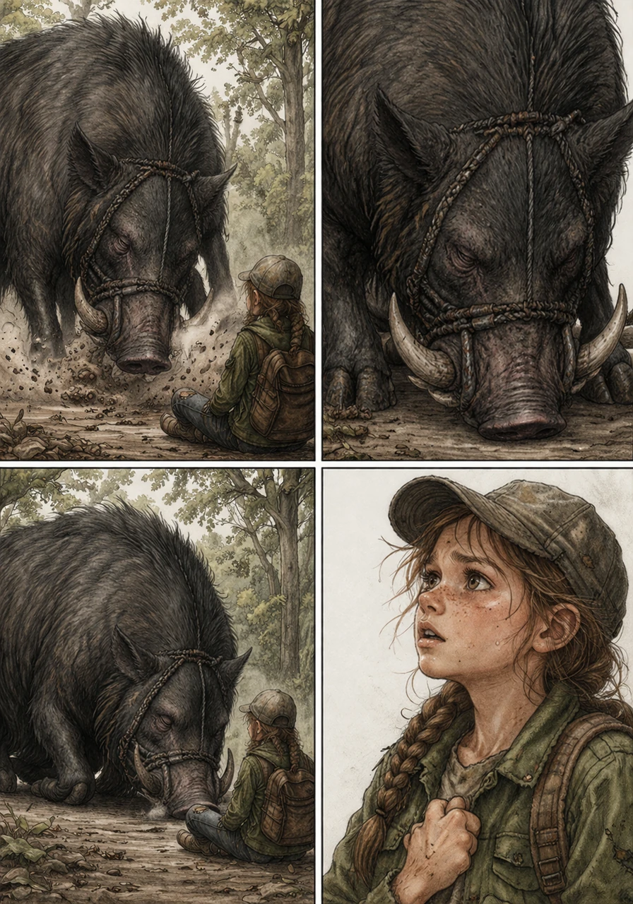 The massive creature finally stops, its head lowering in exhaustion and a newfound sense of submission. Wren remains seated, her heart racing as she feels the tension leave the animal’s powerful frame.