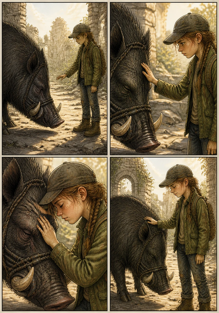 In the soft glow of the afternoon sun, Wren reaches out a trembling hand to gently pat the boar’s bristly head. A quiet bond is forged in the silence of the ruins, a moment of earned trust between a girl and her wild companion.