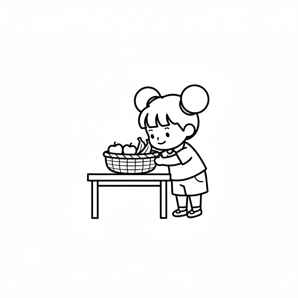 小小的果果好奇地看着桌子上的大篮子。里面好像藏着好多圆圆的、长长的东西。果果想知道那是什么。