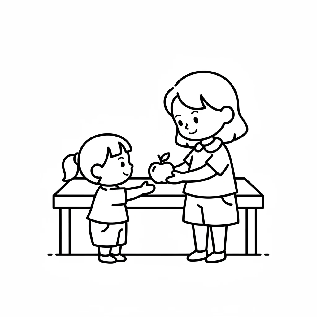 果果伸手拿出一个红红的圆球。它有一个小小的把手。妈妈说：“这是苹果，甜甜脆脆的！”