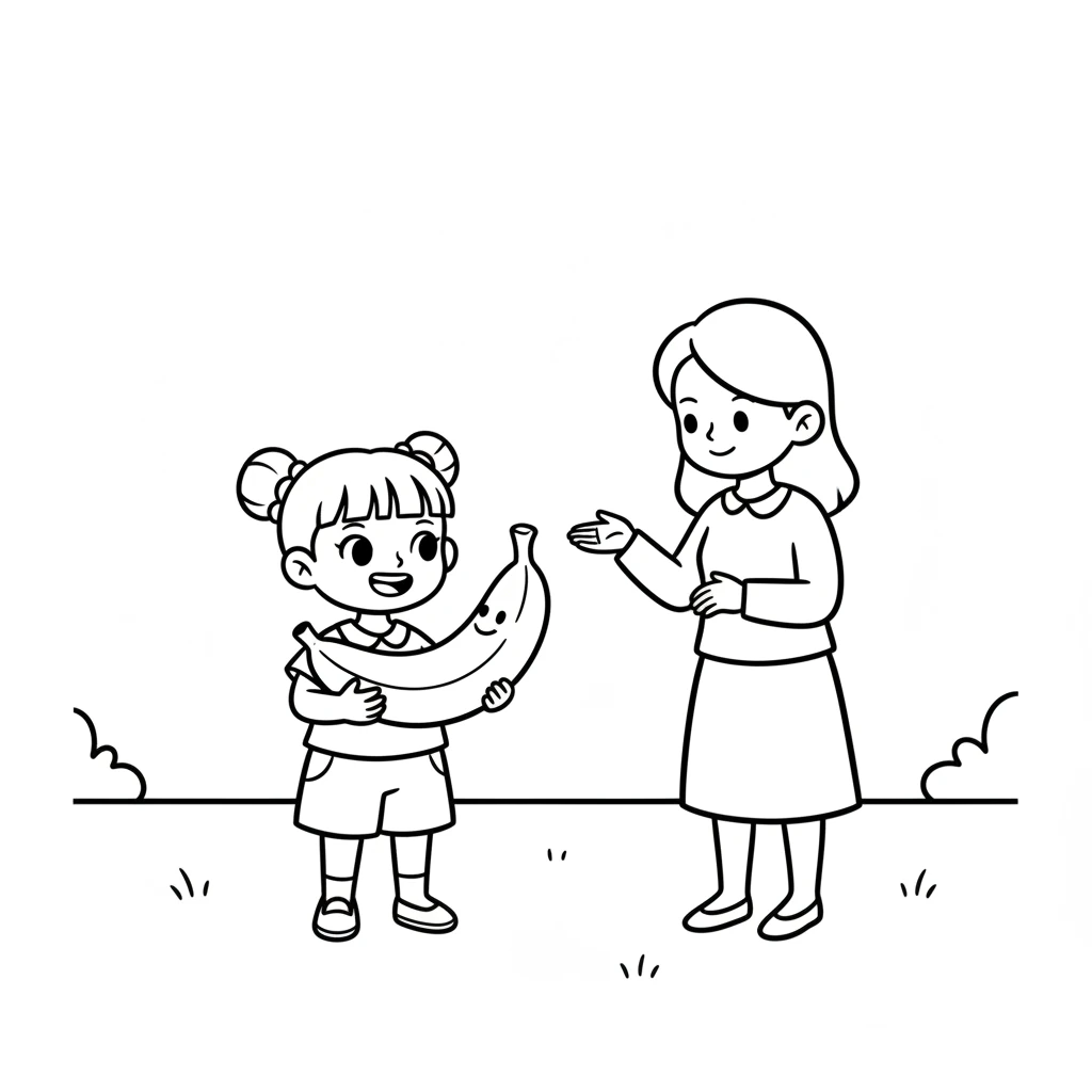 接着，果果又发现了一个弯弯的、黄色的东西。它像一个笑脸。妈妈说：“这是香蕉，软软糯糯的！”