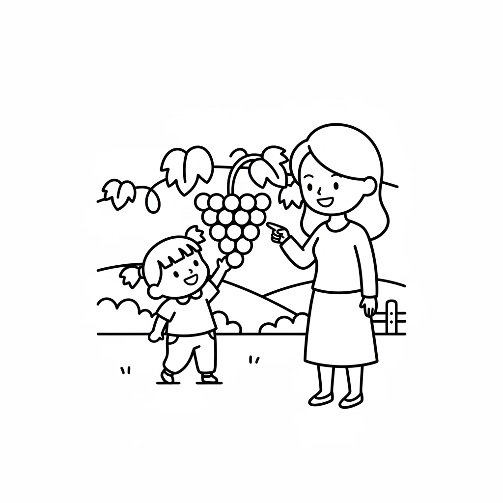 哇，还有一串串紫色的小珠子！它们紧紧挨在一起，晶莹剔透。妈妈说：“这是葡萄，一颗一颗真可爱！”