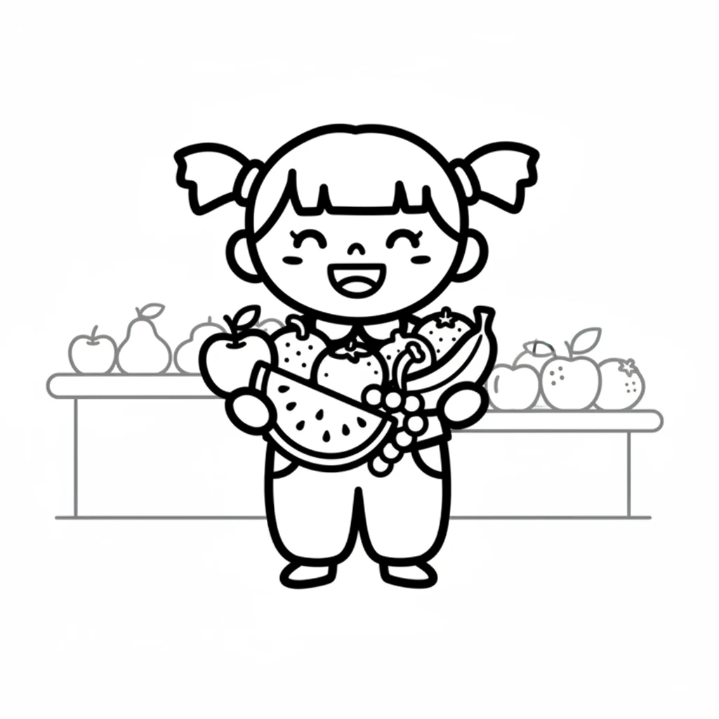 果果开心地笑了，手里抱着自己认识的水果。原来水果有这么多有趣的形状和颜色，学习真是一件快乐的事！