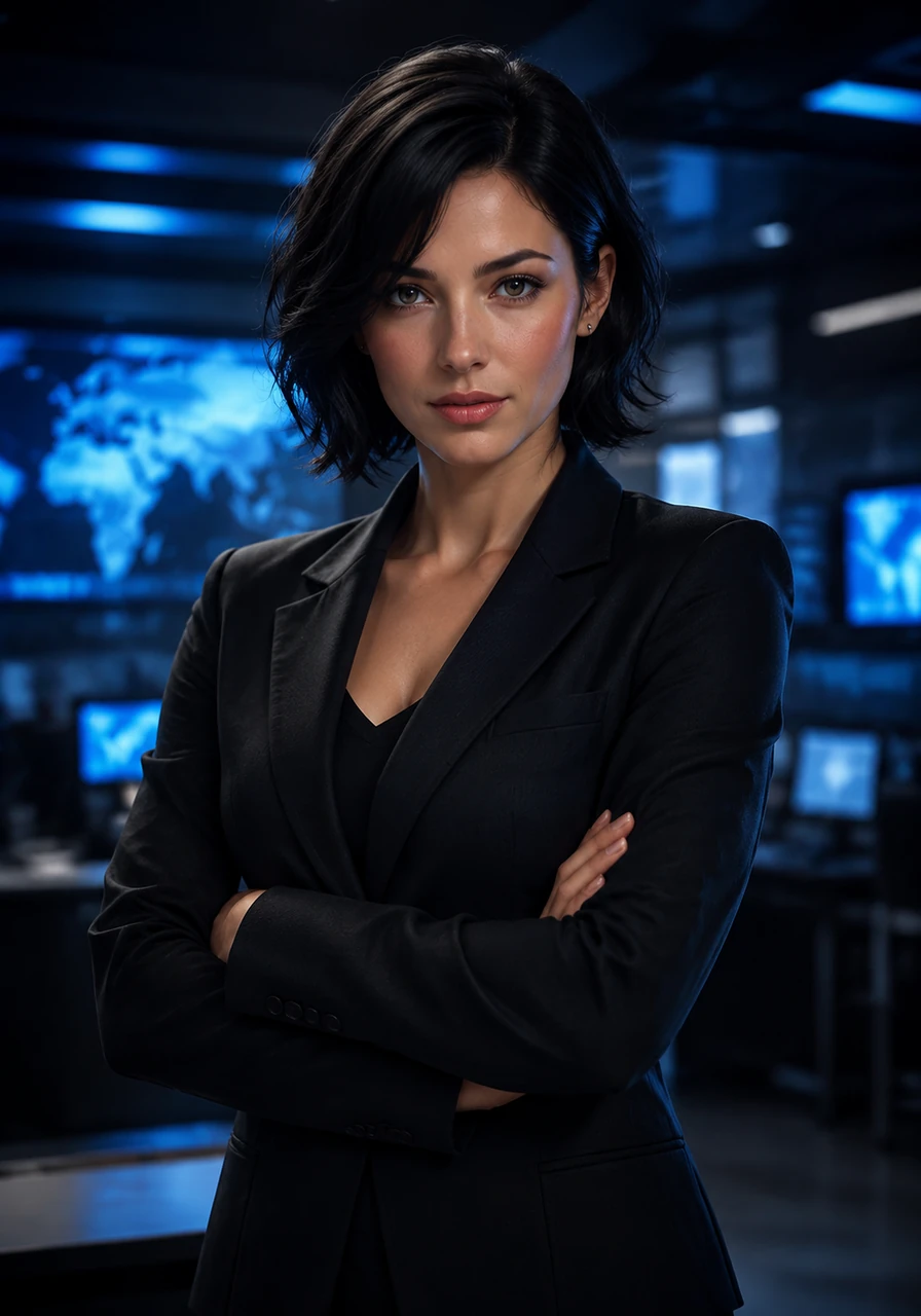 Aria stands confidently in a dimly lit, high-tech newsroom, her silhouette sharp against a backdrop of soft blue ambient light. She looks directly into the camera lens with a calm, professional expression, ready to deliver the day's strategic briefing.
