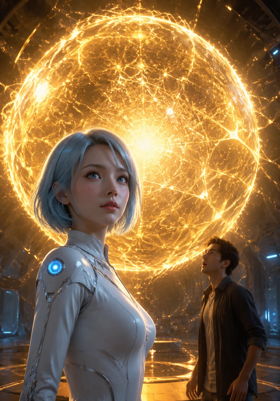 Behind Aria, a massive, glowing golden sphere pulses with light, representing the vast power of generalized Large Language Models. The atmosphere is tense and electric, capturing the current market obsession with massive technological scale.