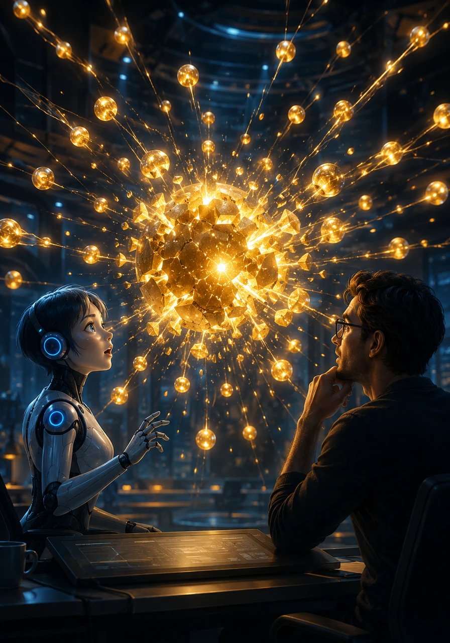 The golden sphere suddenly fragments into dozens of smaller, lightning-fast nodes that dart across the screen like fireflies. This visual shift illustrates the rapid transition from massive models to agile, hyper-specialized Small Language Models.