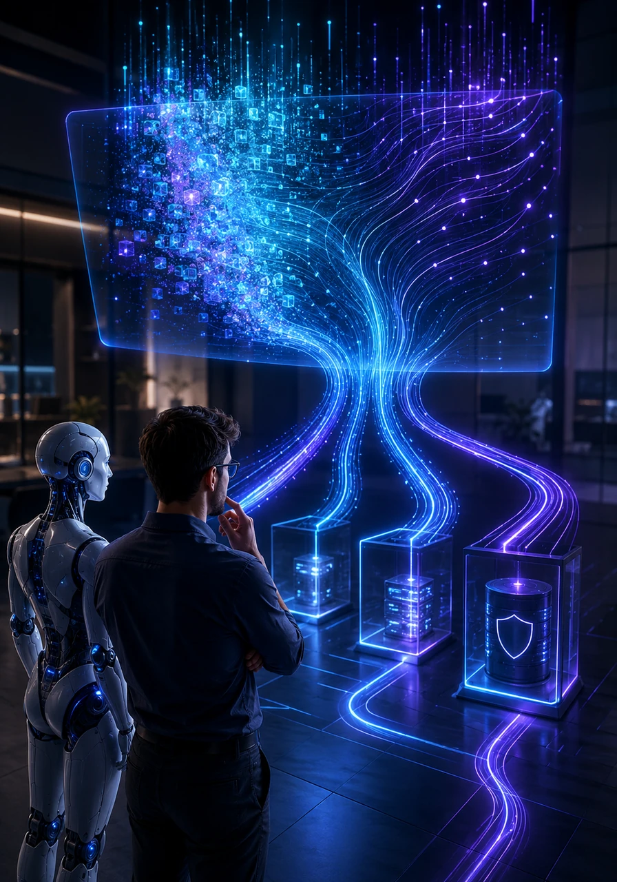 A sleek digital interface appears in the air, displaying complex corporate data streams flowing into specific, narrow channels. This imagery emphasizes the move toward proprietary data sovereignty and the rejection of one-size-fits-all solutions.