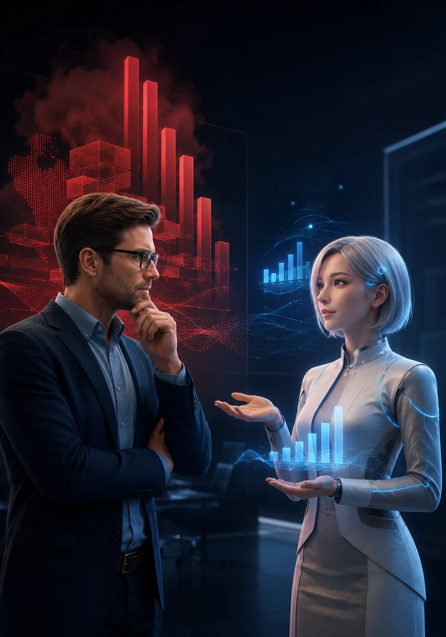 Graphs and financial charts materialize in the background, contrasting the heavy, inefficient costs of trillion-parameter models against the lean, cost-effective performance of smaller, edge-deployed models. The visual tone is sharp, corporate, and precise.
