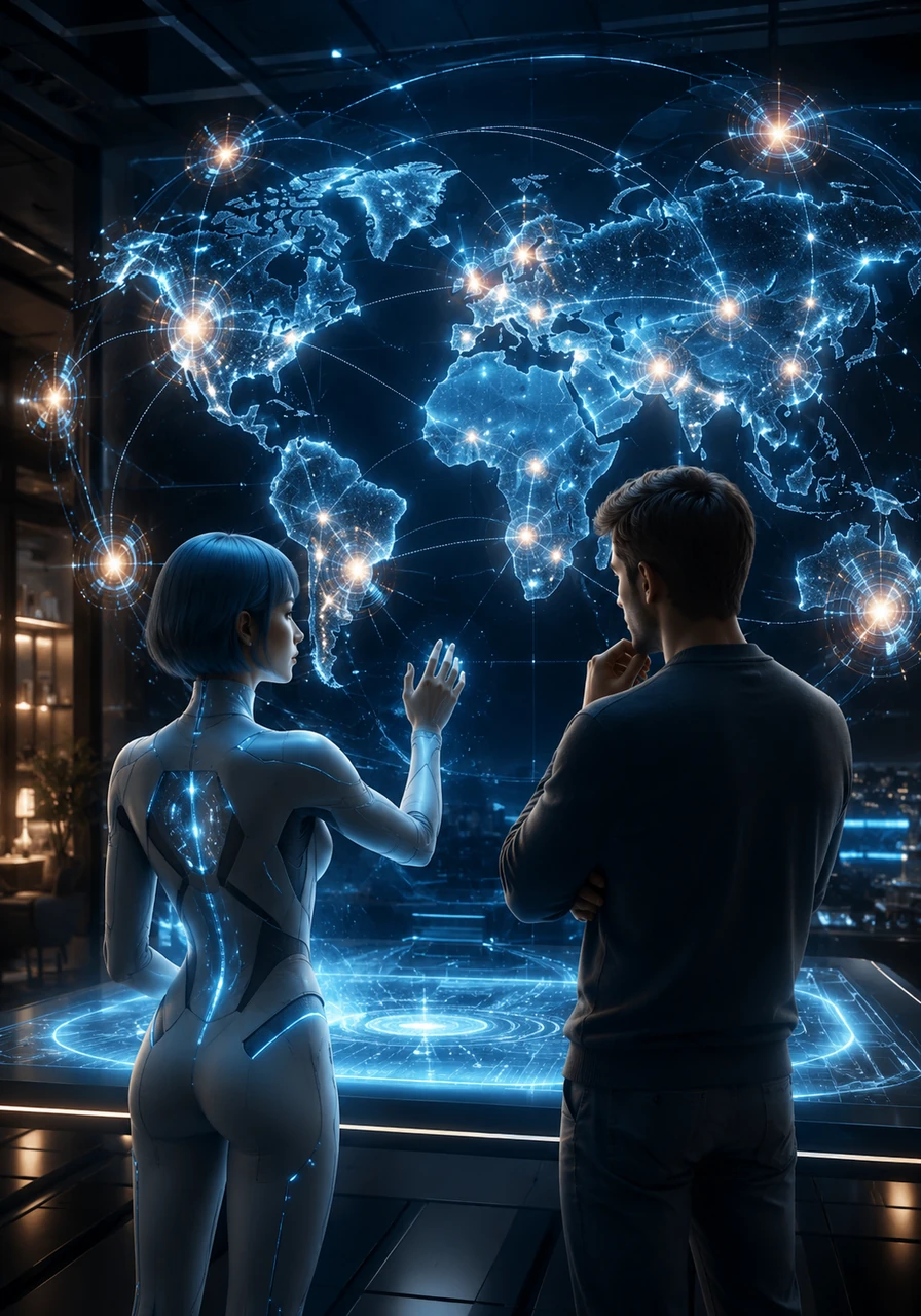 A holographic map of a global network lights up, with data points sparking at the edges of the grid. This illustrates how specialized models function closer to the source, executing workflows faster and with zero risk of public data leakage.