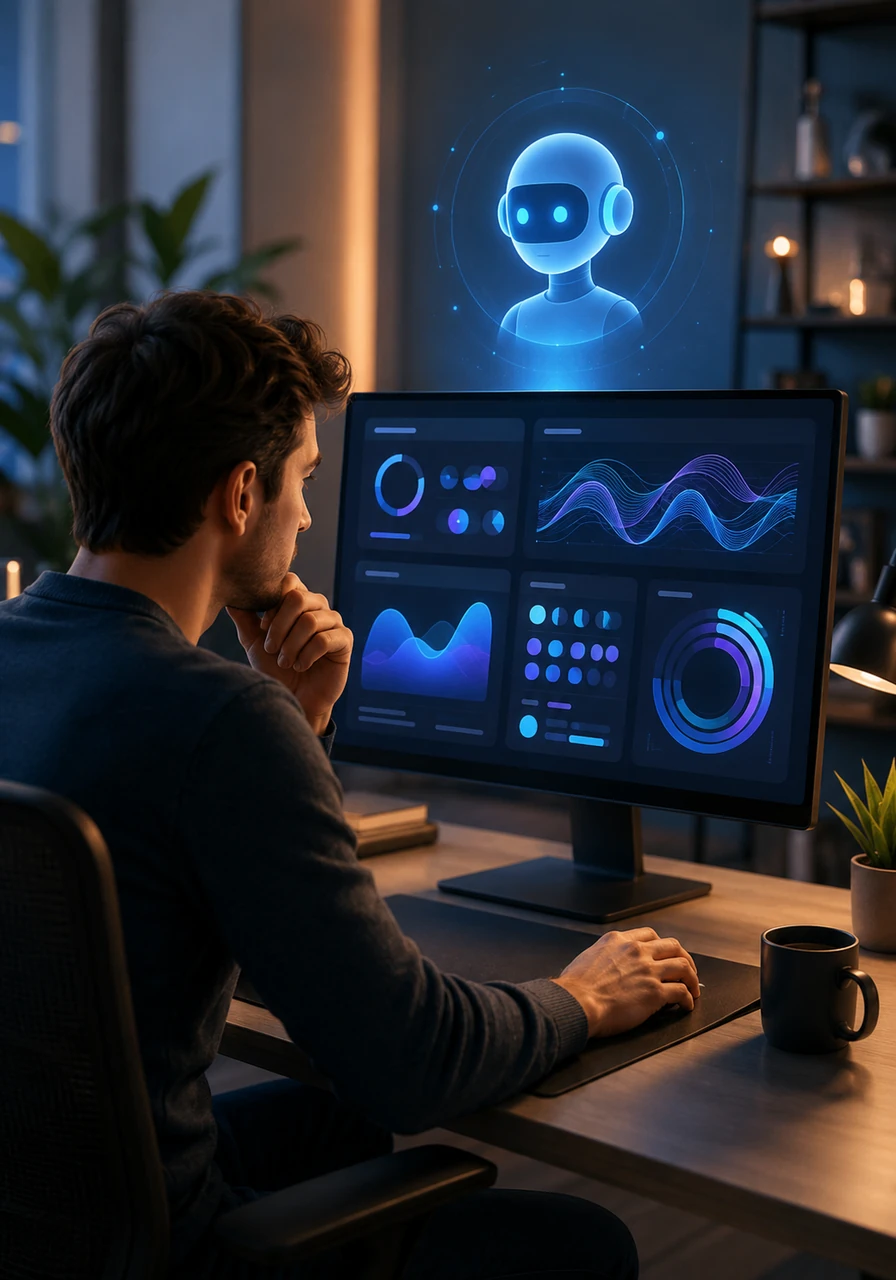 The scene shifts to a subtle overlay showing a human editor reviewing a digital dashboard on a clean, modern desk. This highlights the crucial partnership between human oversight and autonomous AI production.