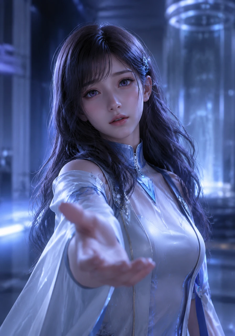 Aria gestures elegantly toward the camera, her expression softening as she prepares to reveal the truth behind her existence. The background lighting shifts to a cooler, more transparent hue, signaling a moment of clarity.