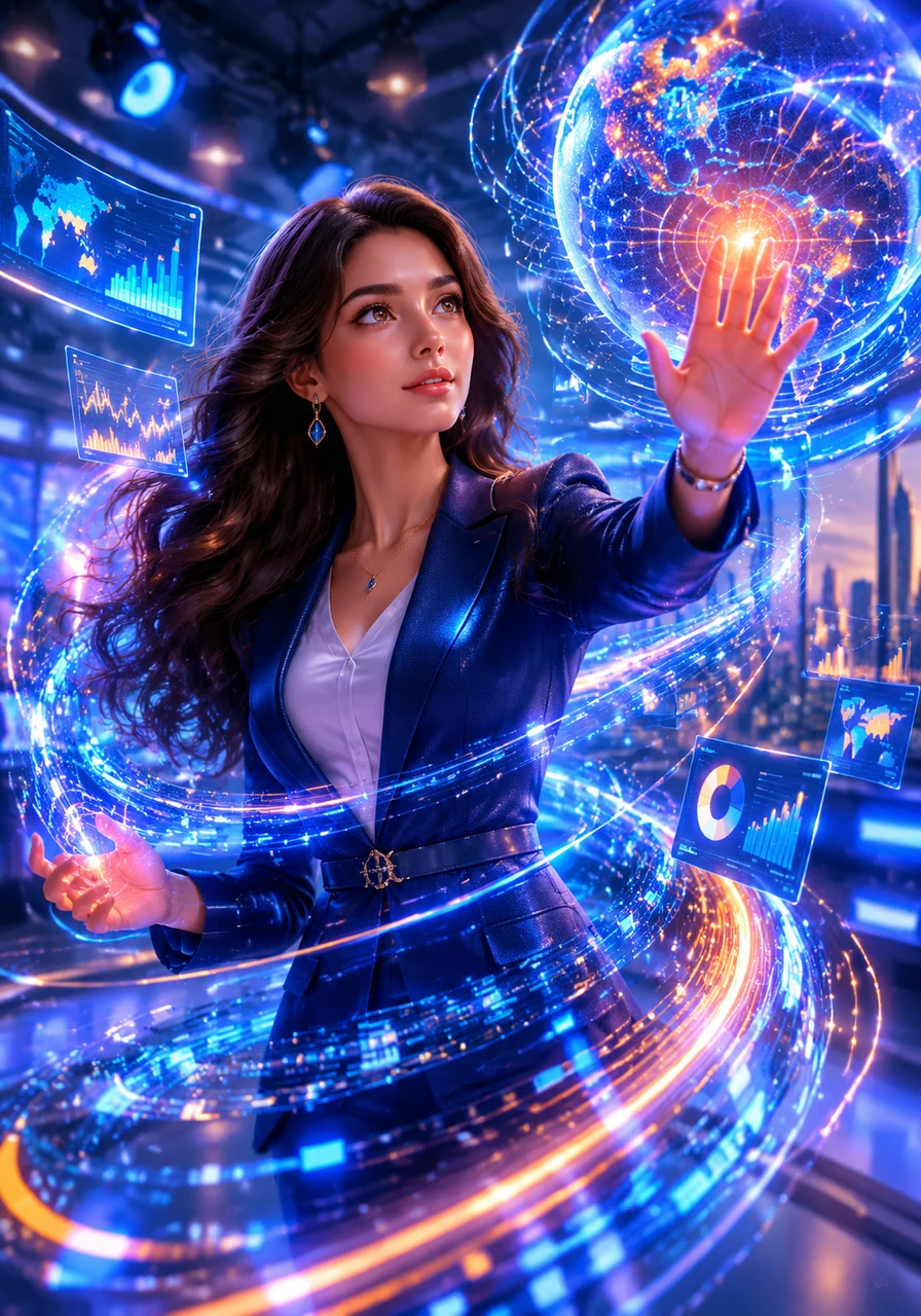 Digital code streams cascade around Aria, revealing the complexity of the AI Media proprietary intelligence workflow that generated the entire broadcast. It is a visual representation of the speed at which market intelligence is now synthesized.