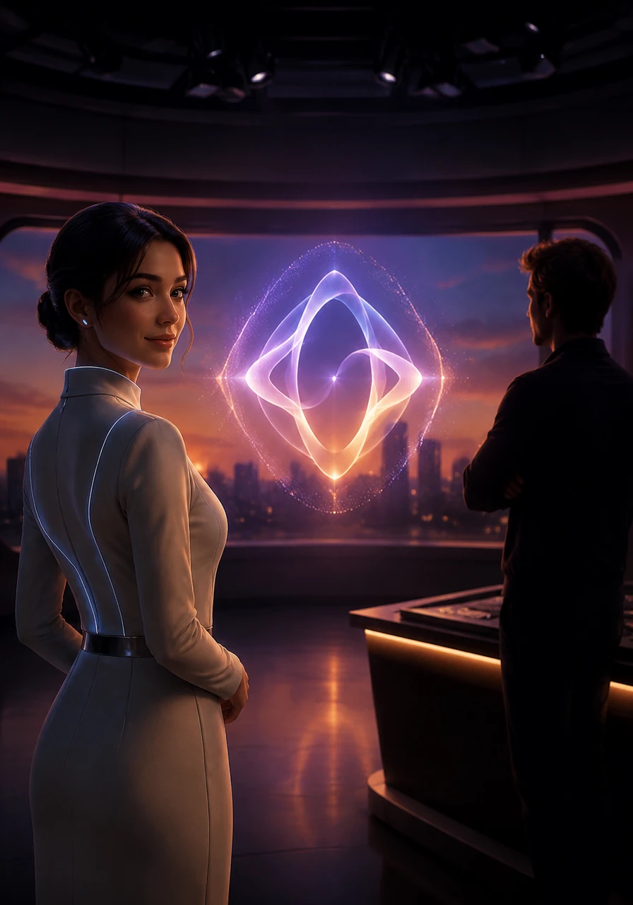 Aria gives a slight, knowing nod as the studio lights dim, leaving only a glowing digital signature in the center of the frame. The broadcast concludes, marking the beginning of a new era in hyper-specialized AI media.