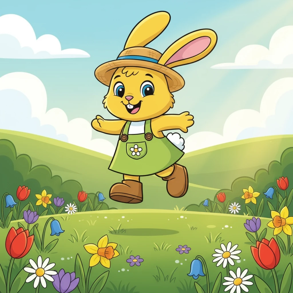 An einem warmen Frühlingstag hüpfte Hoppel, das kleine Kaninchen, fröhlich über die grüne Wiese. Die Sonne schien warm auf sein weiches Fell, und bunte Blumen blühten überall um ihn herum. Hoppel war voller Freude und seine Ohren wackelten im Takt seiner kleinen Sprünge.