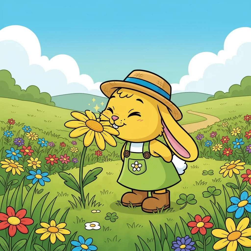 Hoppel blieb stehen, um an einer leuchtend gelben Gänseblume zu schnuppern. Der Duft der Blumen kitzelte seine Nase, und er kicherte leise vor Vergnügen. Dann hoppelte er weiter, immer tiefer in die blühende Wiese hinein.