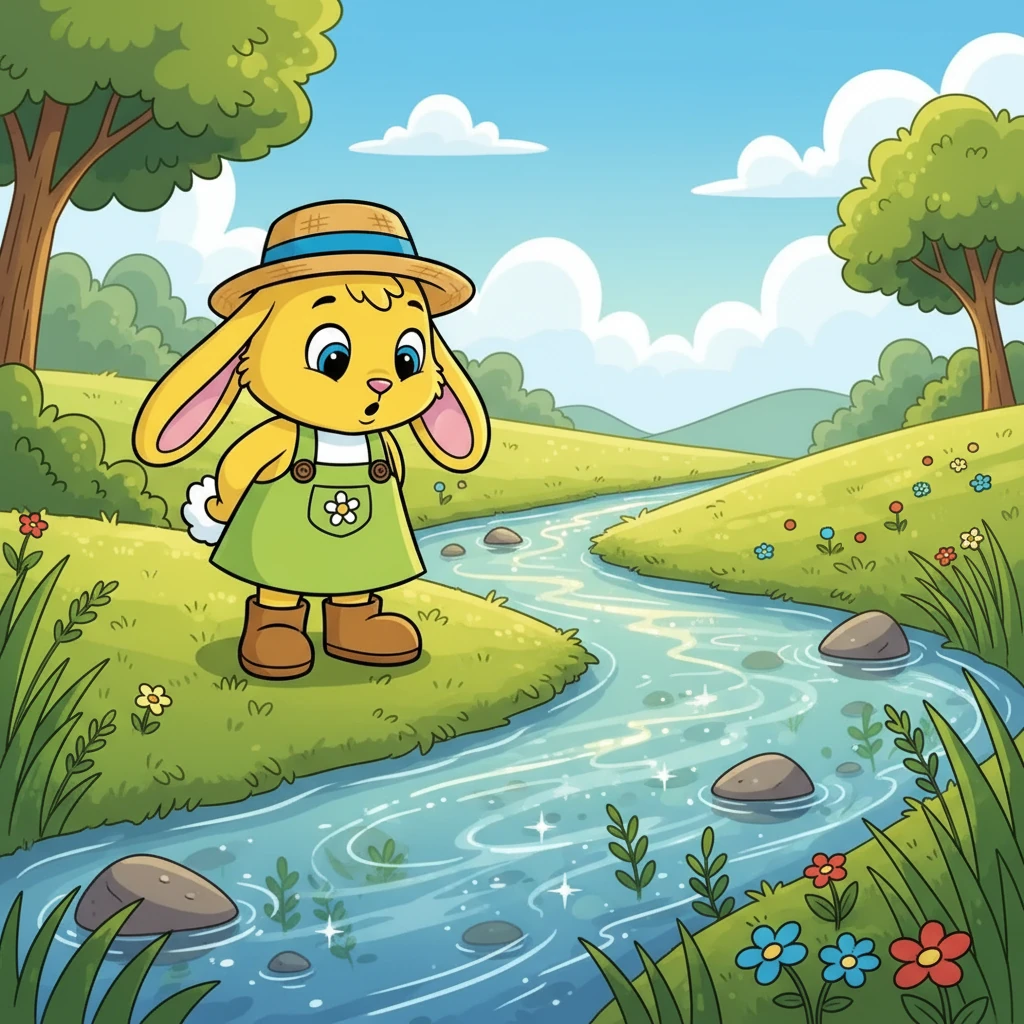 Der Durst packte Hoppel, und er suchte nach Wasser. Er entdeckte einen klaren Bach, der am Rand der Wiese entlangfloss. Das Wasser glitzerte in der Sonne und lockte ihn an.