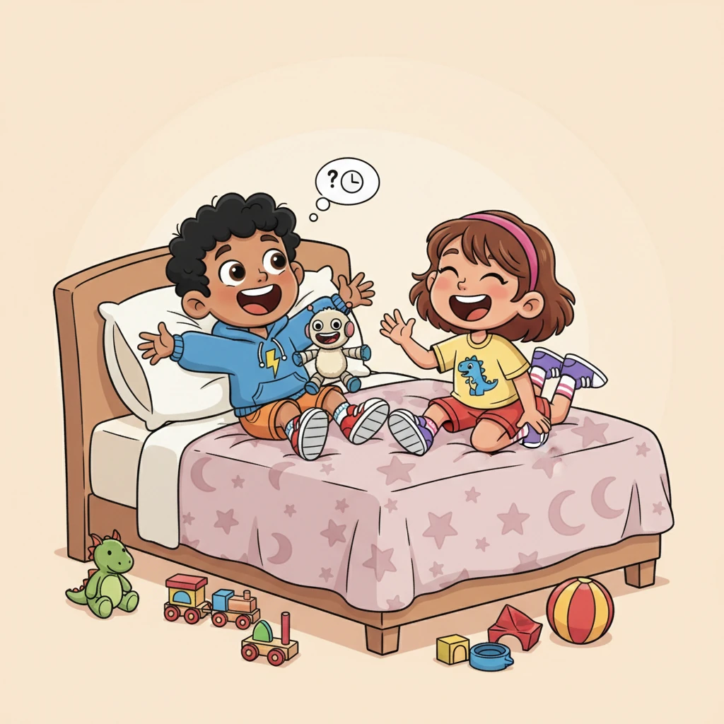 Leo and Mia were sprawled across Leo's cozy bed, a pile of forgotten toys surrounding them. They had played every game imaginable and were now deep in a fit of giggles about nothing in particular, but a tiny hint of boredom was starting to creep in.