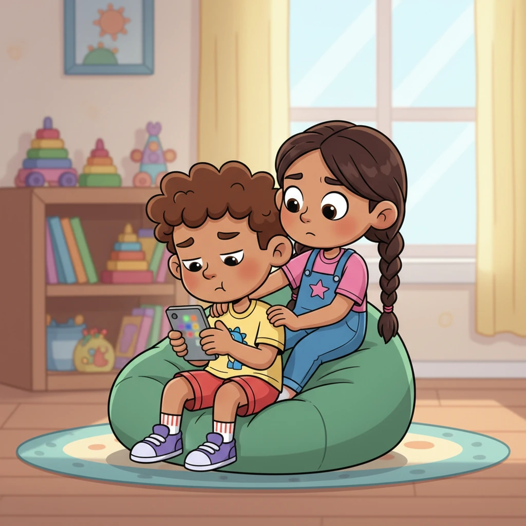 With a sigh, Leo picked up his phone, aimlessly scrolling through apps. Mia, ever curious, leaned over his shoulder, her bright eyes scanning the screen for anything interesting. Their laughter had quieted, replaced by the soft hum of the phone.