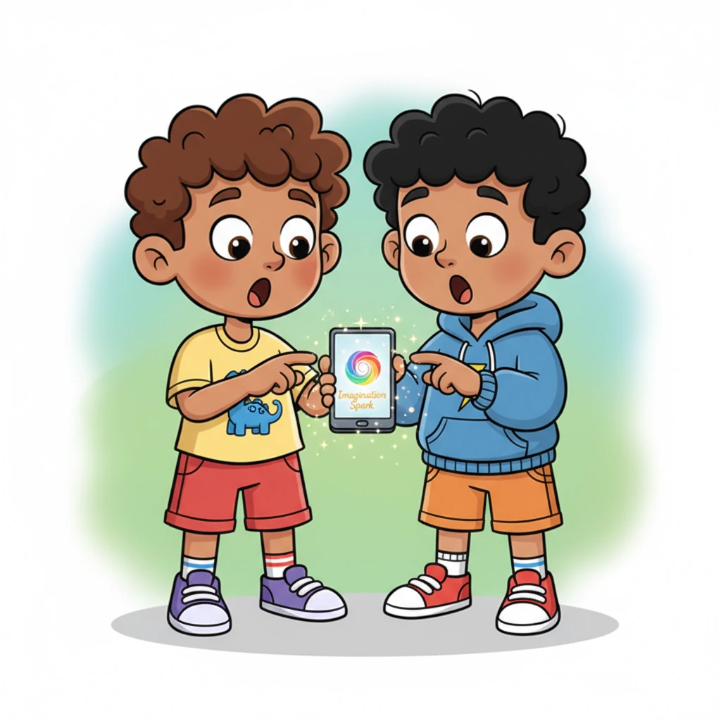 Both friends gasped, their eyes wide with wonder and curiosity. The app's name, 'Imagination Spark,' shimmered gently beneath the colorful icon, practically inviting them to tap it and see what magic lay within.