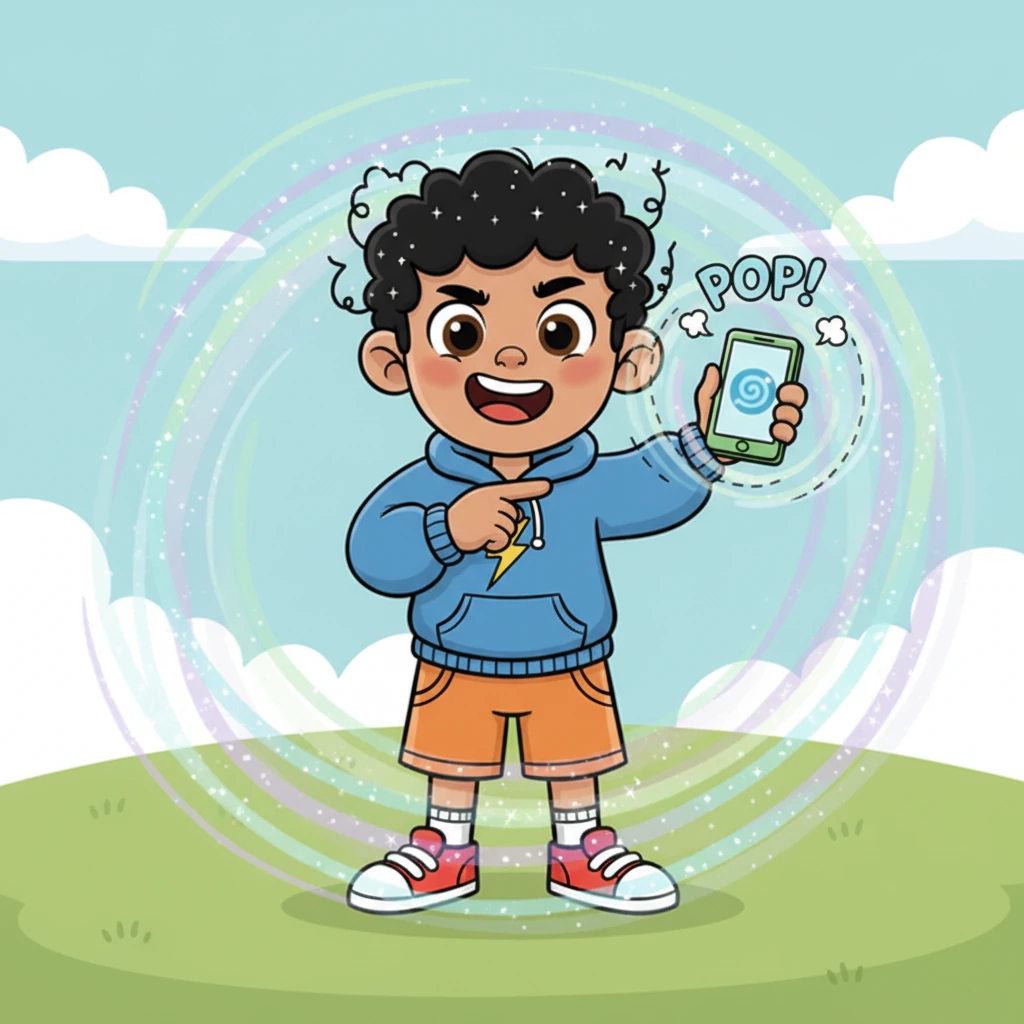 With a mischievous grin, Leo tapped the mysterious app. A soft, playful 'POP!' seemed to emanate from the phone, and a gentle wave of shimmering light pulsed through the air around them, making their hair tingle.