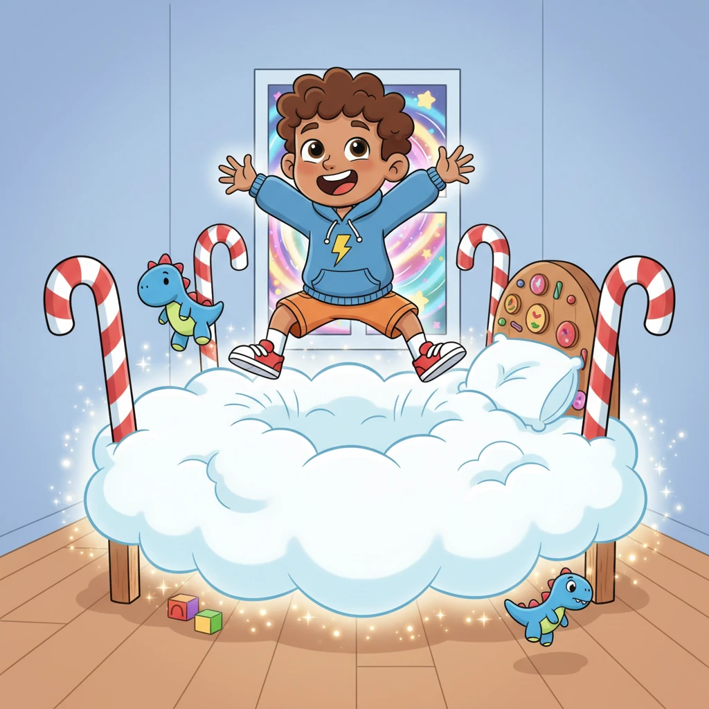 The room began to shimmer and shift in the most wonderful way! The sturdy bedposts twisted into giant, sugary candy canes, and the soft blanket beneath them puffed up into an enormous, fluffy cloud, ready for bouncing.