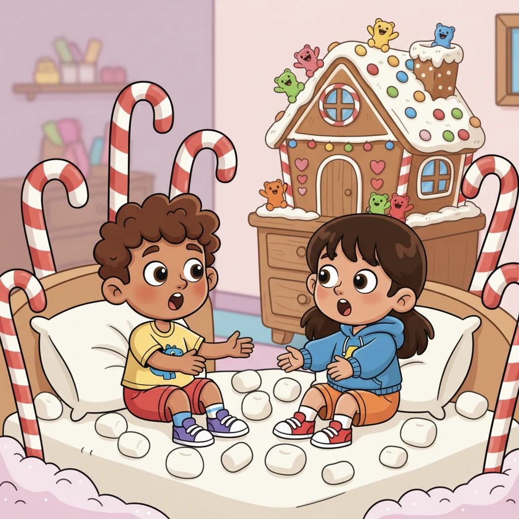 Leo and Mia gasped again, finding themselves in a fantastical land of soft marshmallows and sweet candy canes, right there on their bed! Tiny, cheerful gummy bears waved excitedly from the dresser, which was now a gingerbread house.