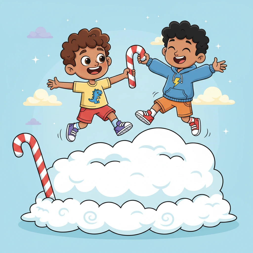 Giggles erupted as they started bouncing on the giant cloud-blanket, their hands reaching out to playfully taste a pretend candy cane bedpost. Their faces were alight with pure joy and amazement, lost in their whimsical world.
