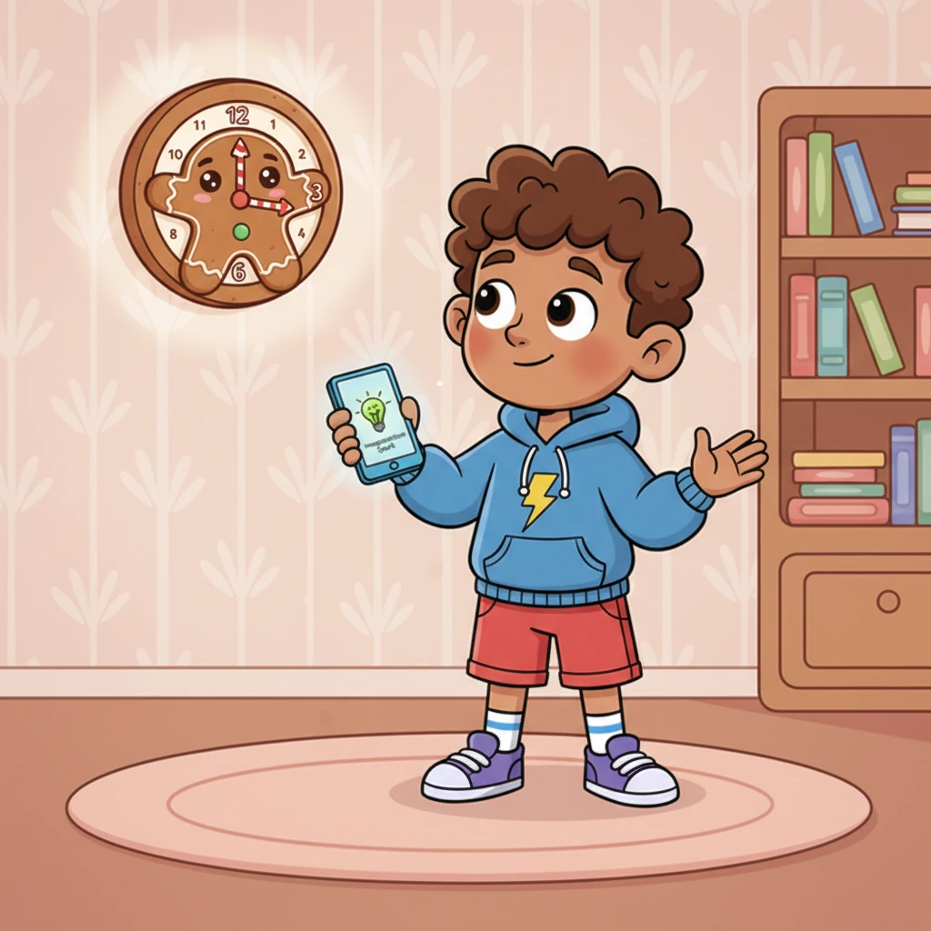 A small clock on the wall, which had transformed into a smiling gingerbread cookie, chimed softly. Its sweet melody reminded them that perhaps it was time to think about dinner, and the 'Imagination Spark' icon on the phone began to glow gently once more.