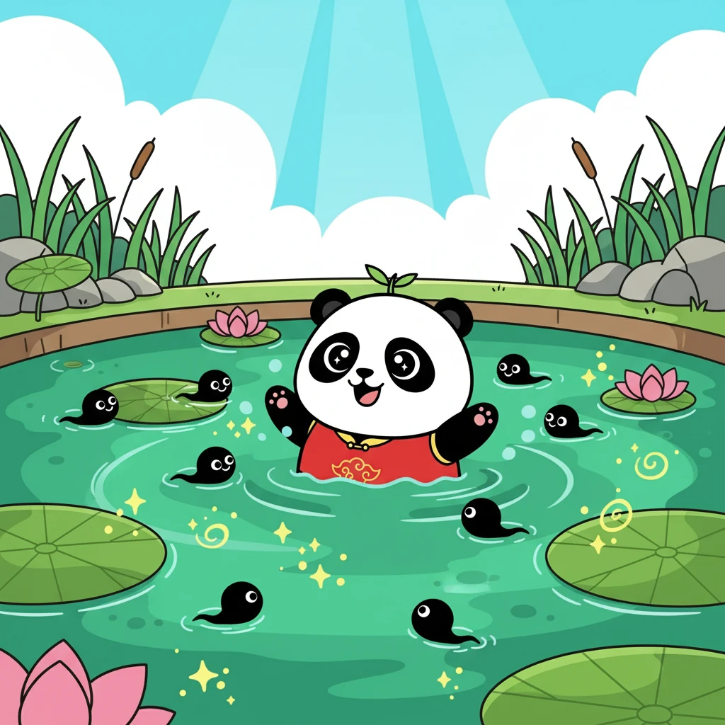 小点点和他的小伙伴们，一群可爱的小蝌蚪，在碧绿的池塘里快乐地游来游去。他们好奇地探索着周围的世界，对一切都充满了好奇。阳光洒在水面上，波光粼粼，池塘里充满了生机。